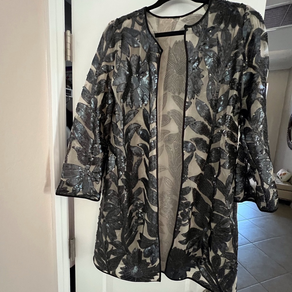 Elegant Black and Gray  and Taupe Embroidered Women's Coat